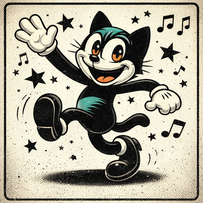 Square cat portrait print with teal-accented cartoon cat and music notes