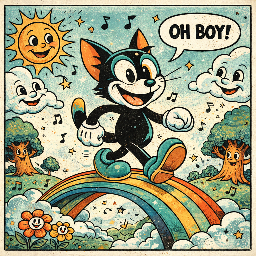 Whimsical cat and rainbow kids art print with clouds and stars