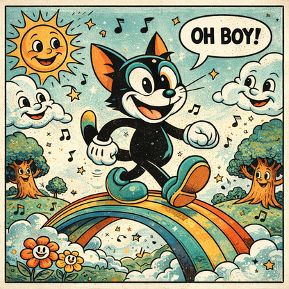 Whimsical cat and rainbow kids art print with clouds and stars