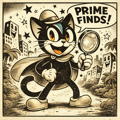 Vintage illustrated poster print with heroic cartoon cat holding flashlight, PRIME FINDS!
