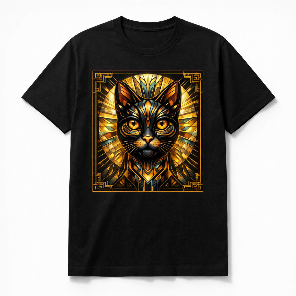 Black crewneck T-shirt with gold and orange art deco cat portrait graphic