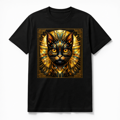 Black T-shirt with neo art deco cat face print in gold and orange