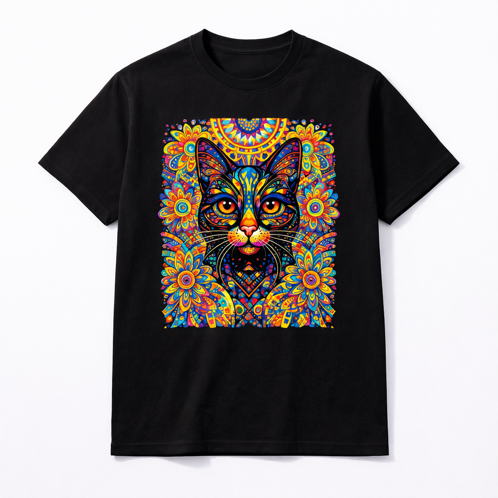 Black crewneck T-shirt with colorful cat portrait graphic