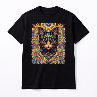 Black crewneck T-shirt with colorful cat portrait graphic