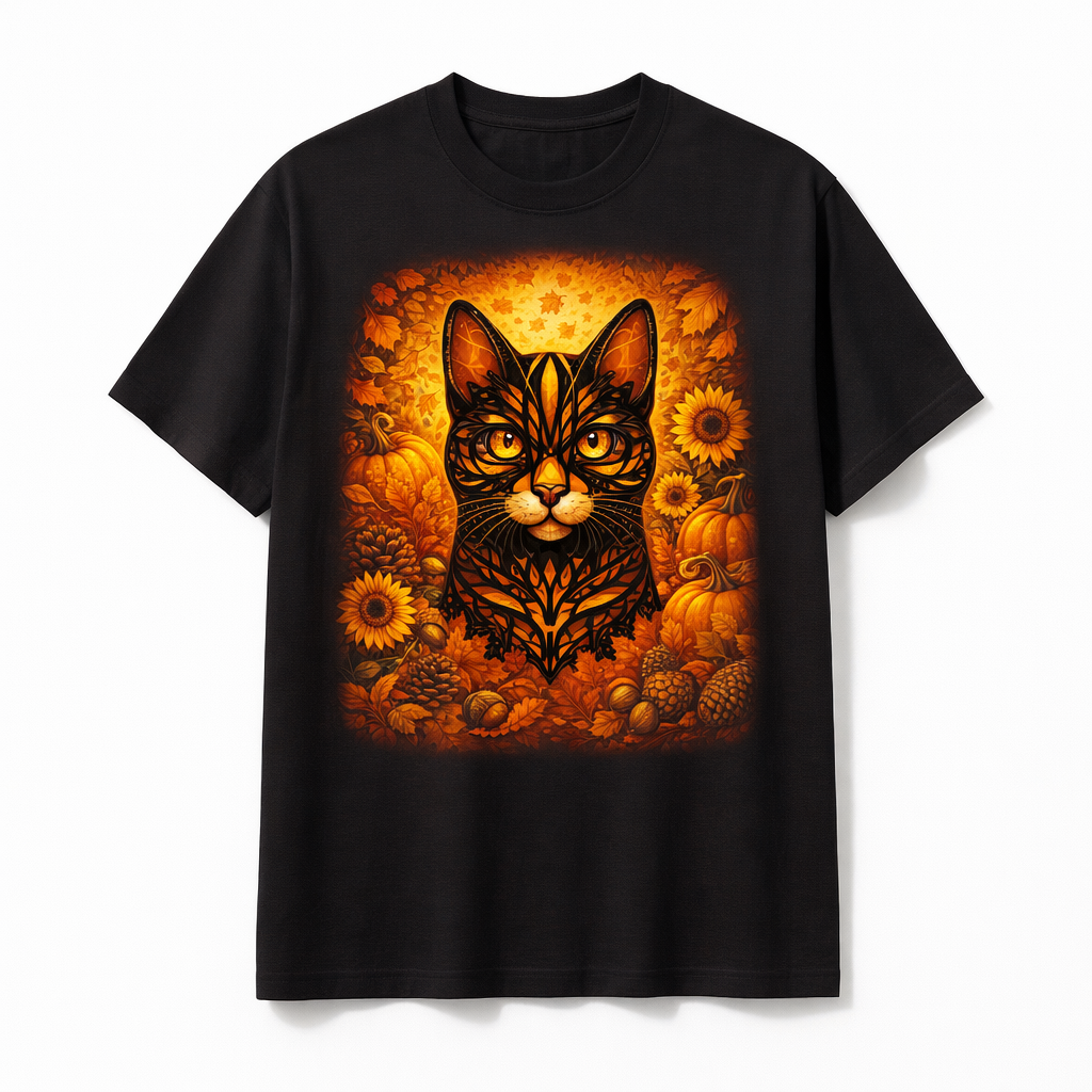 Black T-shirt with orange cat portrait print and fall leaves plus sunflowers