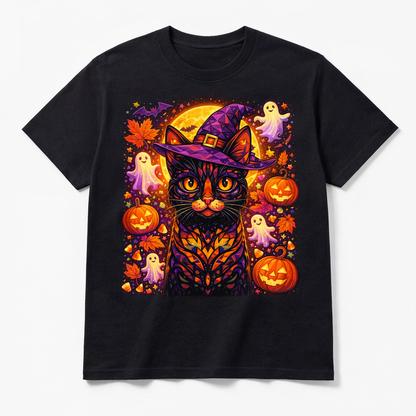Black crew-neck T-shirt with colorful Halloween cat graphic print