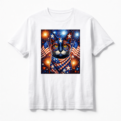 White T-shirt with patriotic cat graphic print