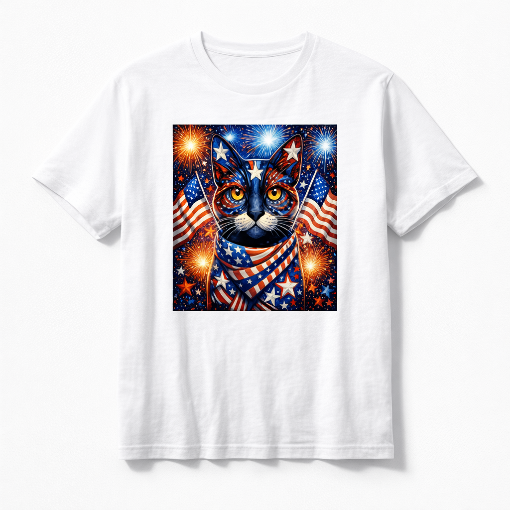 White T-shirt with centered patriotic cat face print and U.S. flag bandana