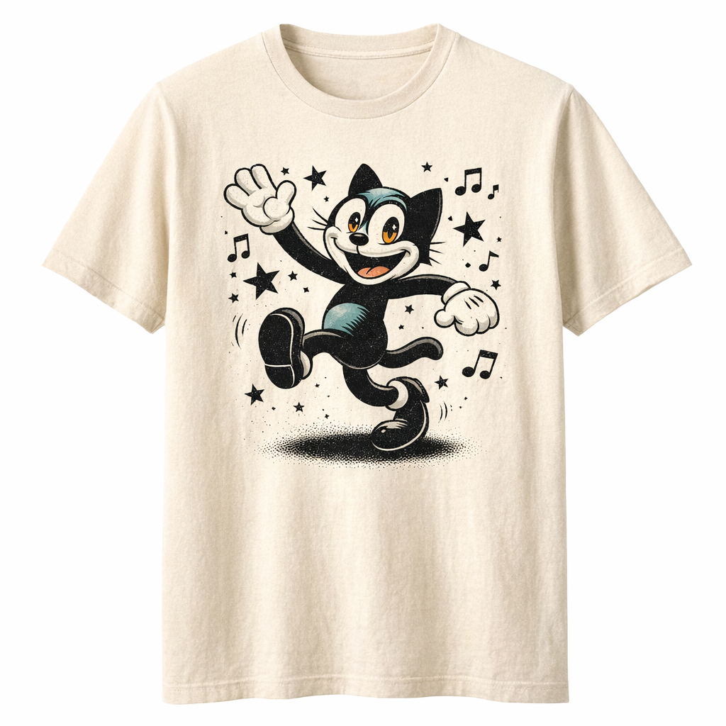Cream T-shirt with black-and-teal penguin graphic