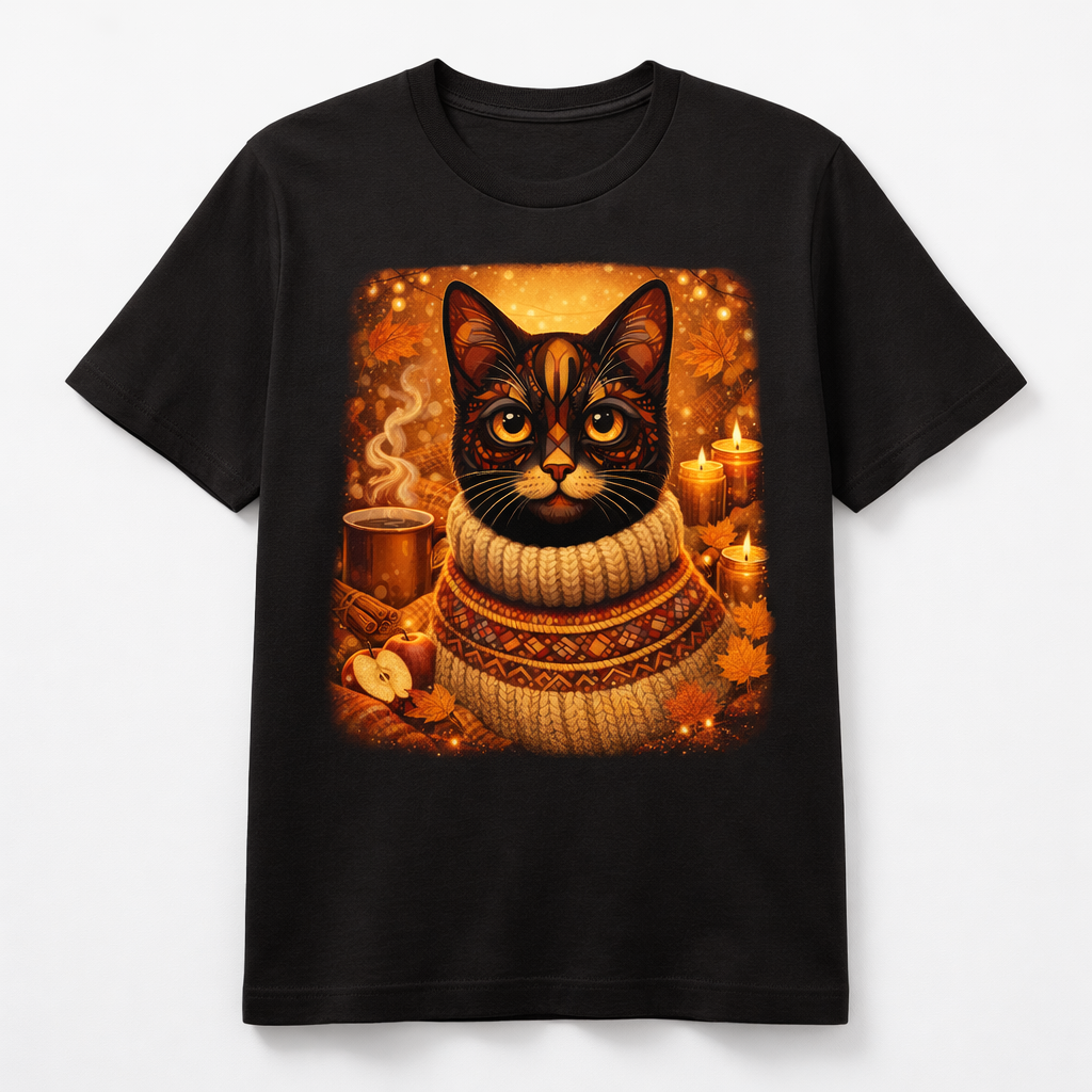 Black short-sleeve T-shirt with cat wearing knit sweater and autumn candles print