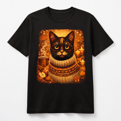 Black short-sleeve T-shirt with cat wearing knit sweater and autumn candles print