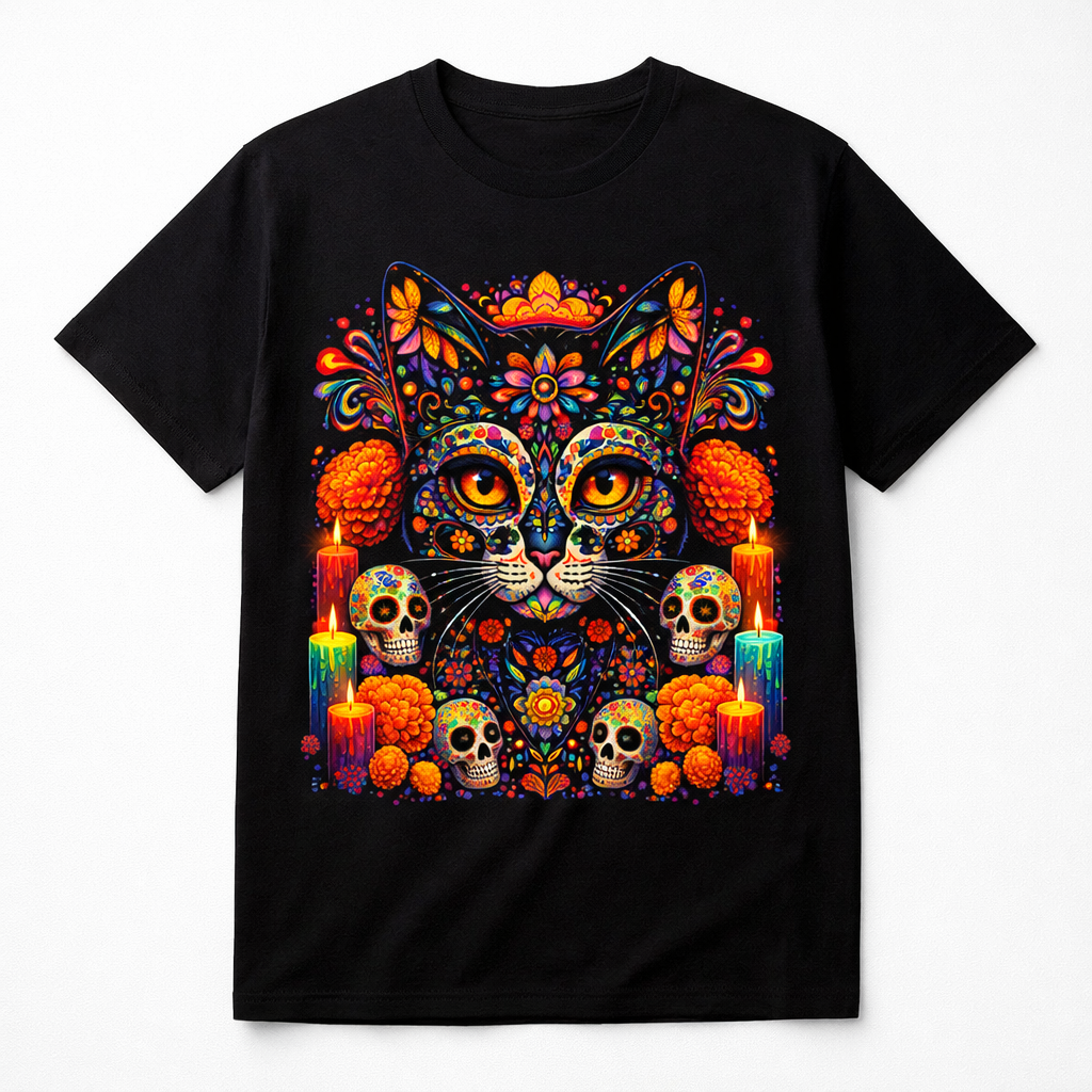 Black short-sleeve T-shirt with Dia de los Muertos cat and skull illustration