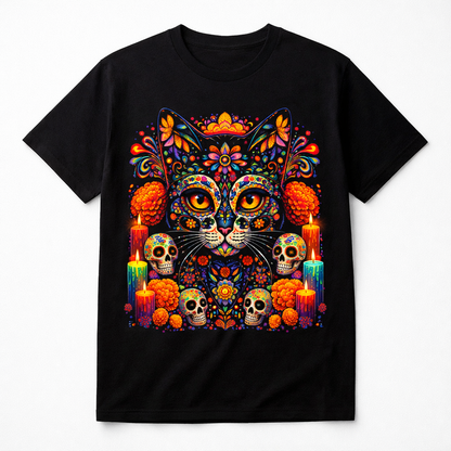 Black short-sleeve T-shirt with Dia de los Muertos cat and skull illustration