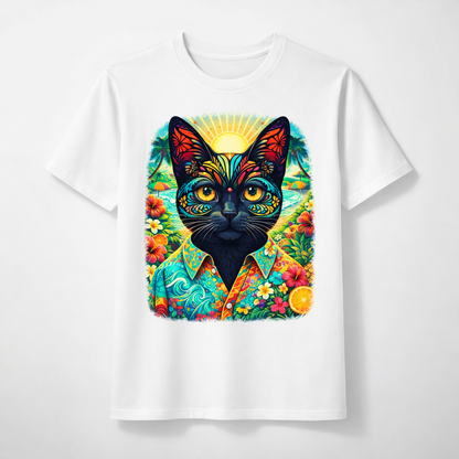 White crewneck T-shirt with colorful cat and tropical scene print centered