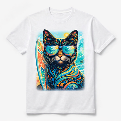 White T-shirt with central surf-themed cat illustration in bright teal, orange, and blue