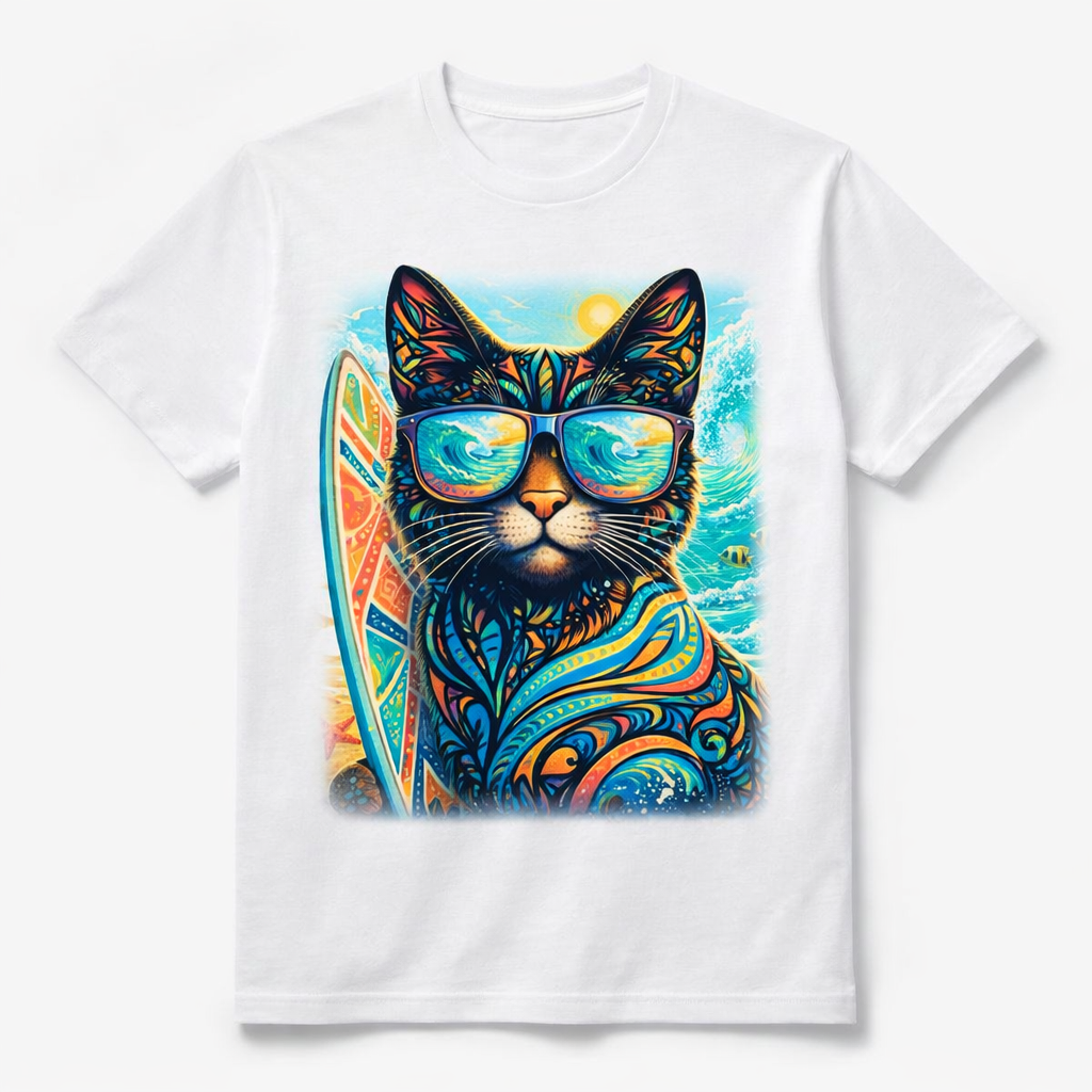 White crew-neck T-shirt with colorful cat wearing sunglasses and holding surfboard