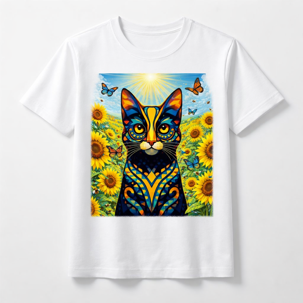 White crewneck T-shirt, front panel cat artwork with sunflowers and butterflies
