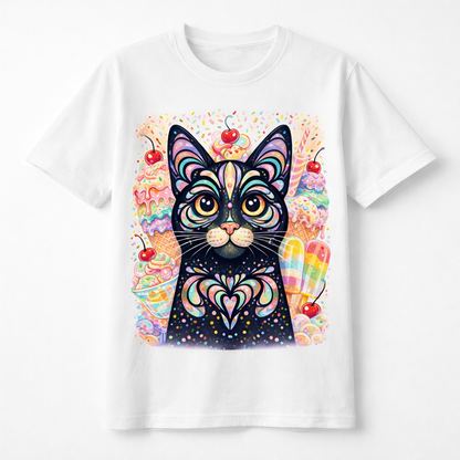 White crewneck T-shirt with colorful ice cream cat graphic on front