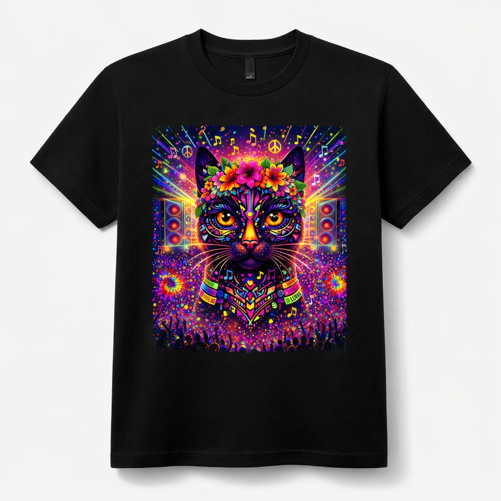 Black short-sleeve T-shirt with colorful cat musician festival graphic print