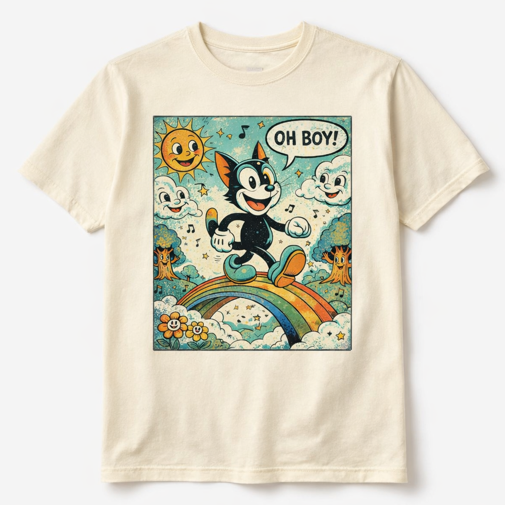 Cream crewneck T-shirt with 'OH BOY!' cartoon graphic on chest