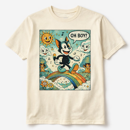 Cream crewneck T-shirt with 'OH BOY!' cartoon graphic on chest