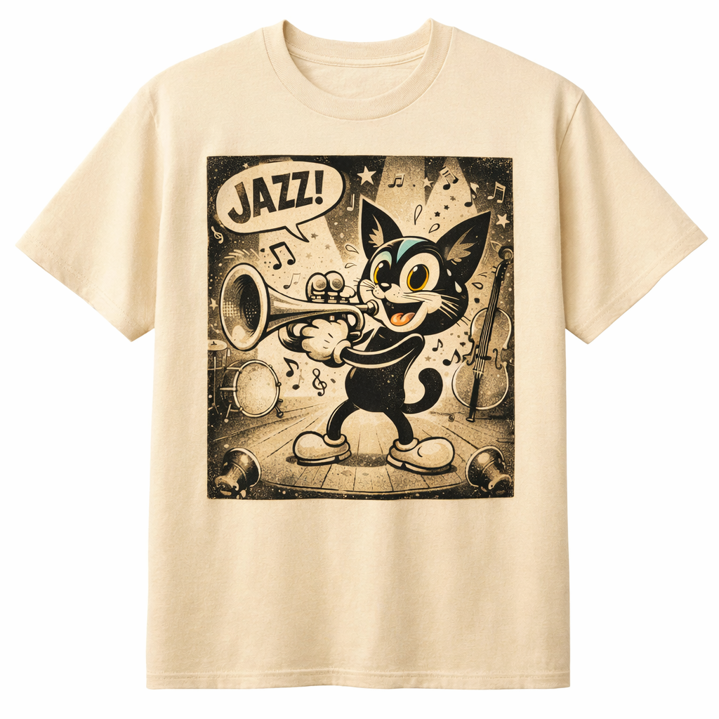 Beige crew-neck T-shirt with front cartoon cat jazz musician graphic and “JAZZ!” text
