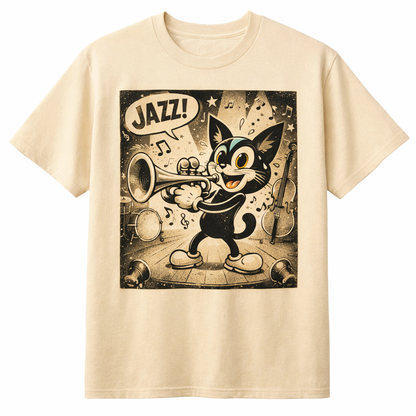 Beige crew-neck T-shirt with front cartoon cat jazz musician graphic and “JAZZ!” text