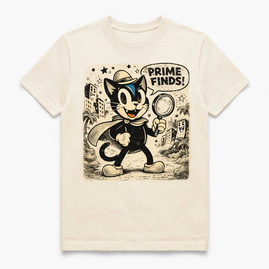 Cream T-shirt with Prime Finds cartoon hero print on front