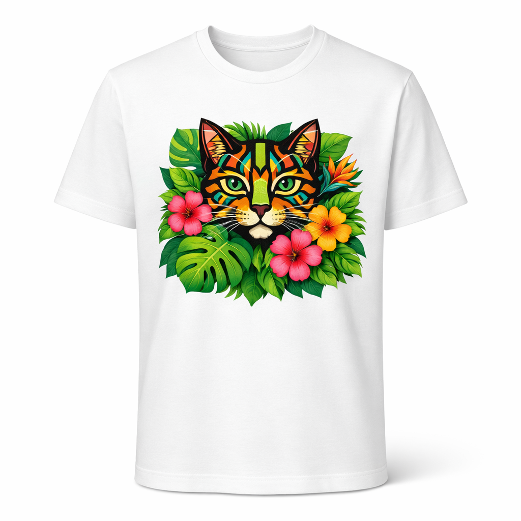 White crew-neck T-shirt with colorful cat and tropical leaf print