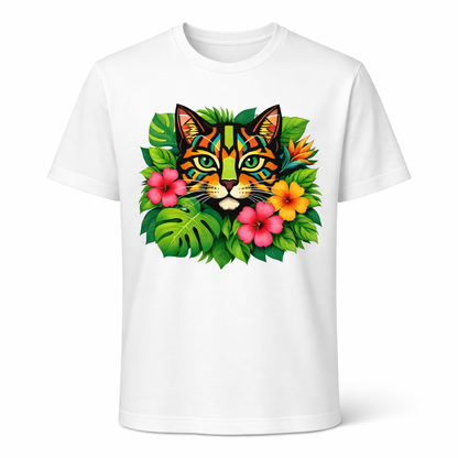 White crew-neck T-shirt with colorful cat and tropical leaf print