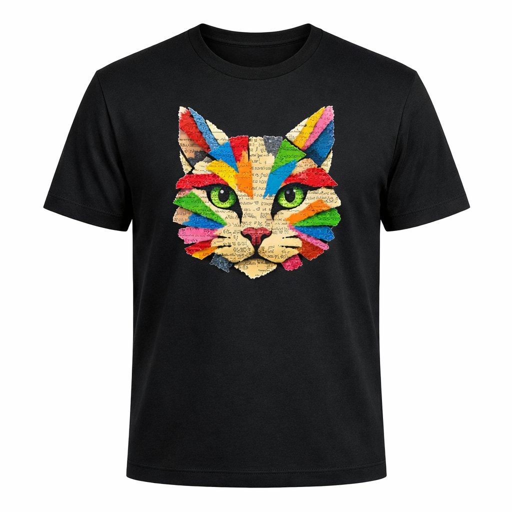 Black T-shirt with colorful cat collage front graphic, short sleeves
