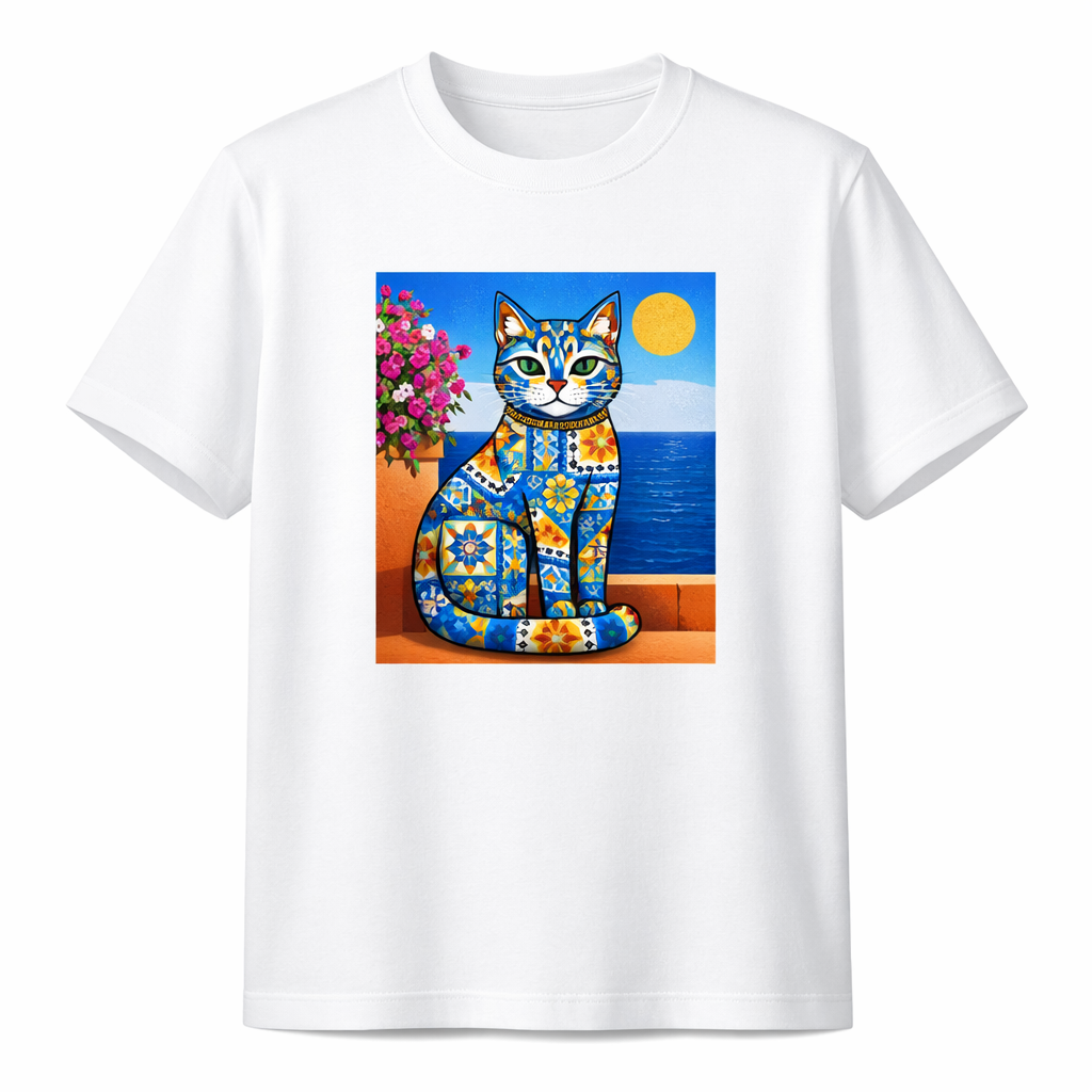 White crewneck T-shirt with colorful cat artwork print